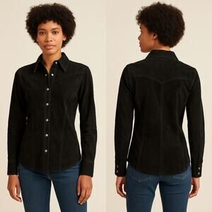 Eddie Bauer Seattle Suede Black Button-Up Shirt XS 100% Leather Washable